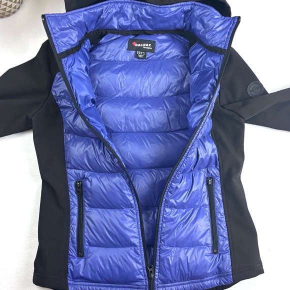 Halifax Black/Purple Puffer Packable Removable Thumb Hole Down Hooded Jacket (M) - Picture 2 of 16